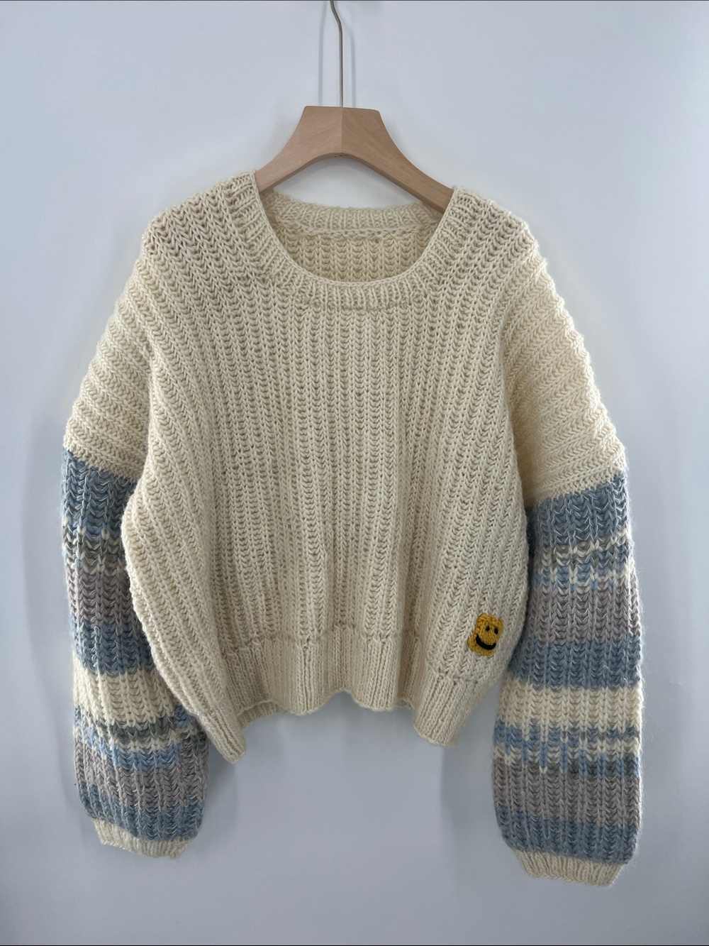 Vintage El Rodeo Wool Chunky knit Oversized Smiley Blue-Gray Striped Sleeves M